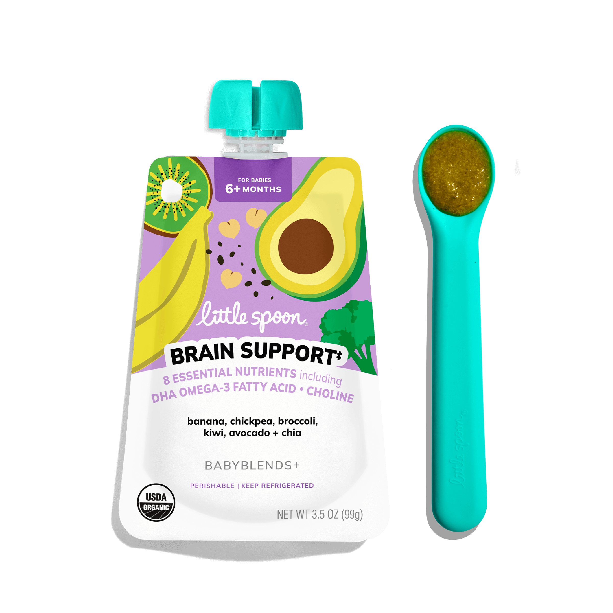 Banana, Chickpea, Broccoli, Kiwi, Avocado + Chia Babyblends+ next to a spoon with puree