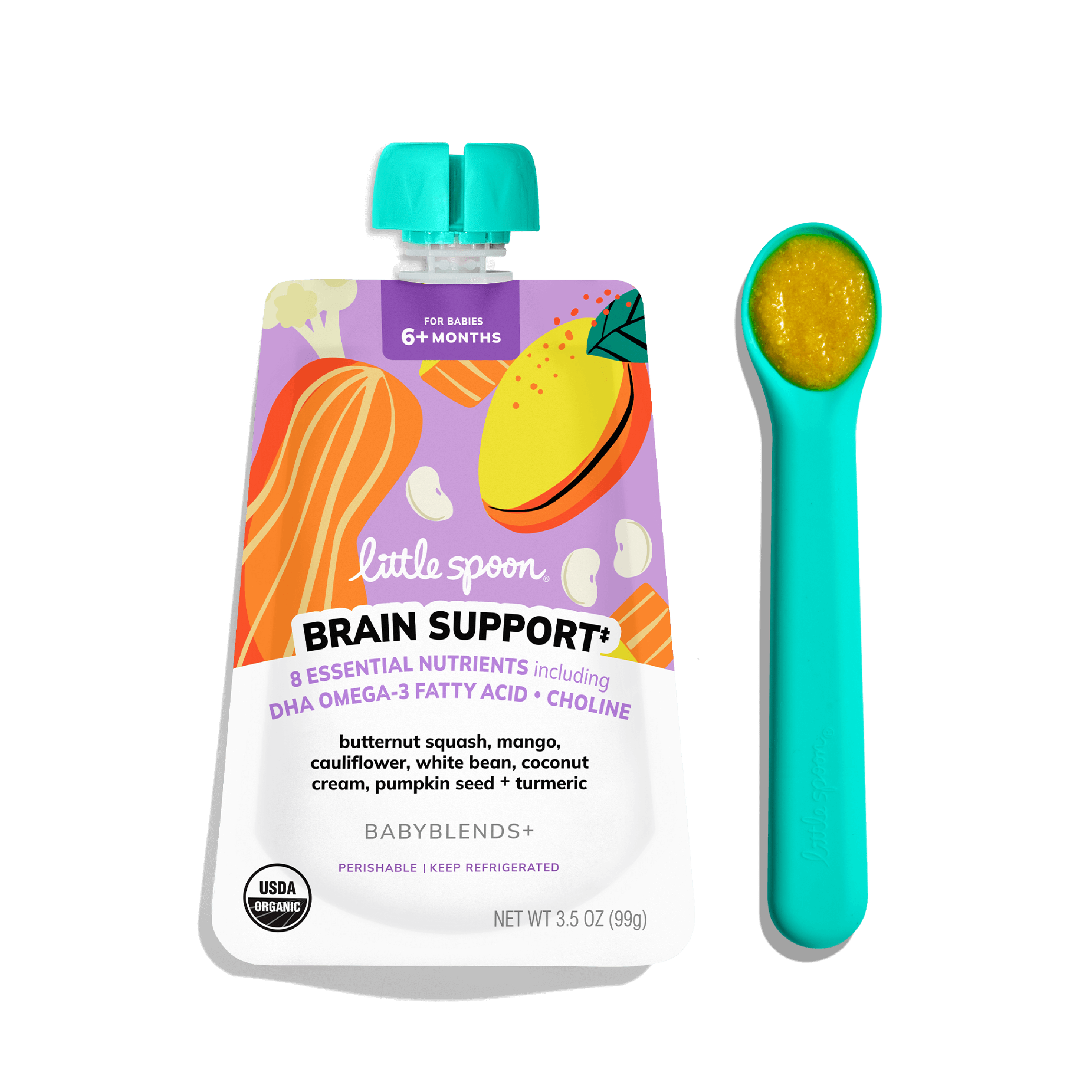 Butternut Squash, Mango, Cauliflower, White Bean, Coconut Cream, Pumpkin Seed + Turmeric Babyblend+ next to Spoon with puree