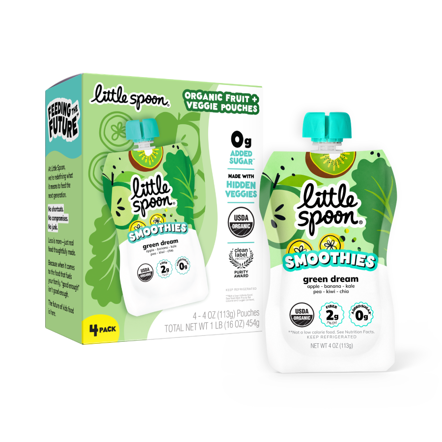 Green Dream 4 count Smoothies box next to smoothie pouch