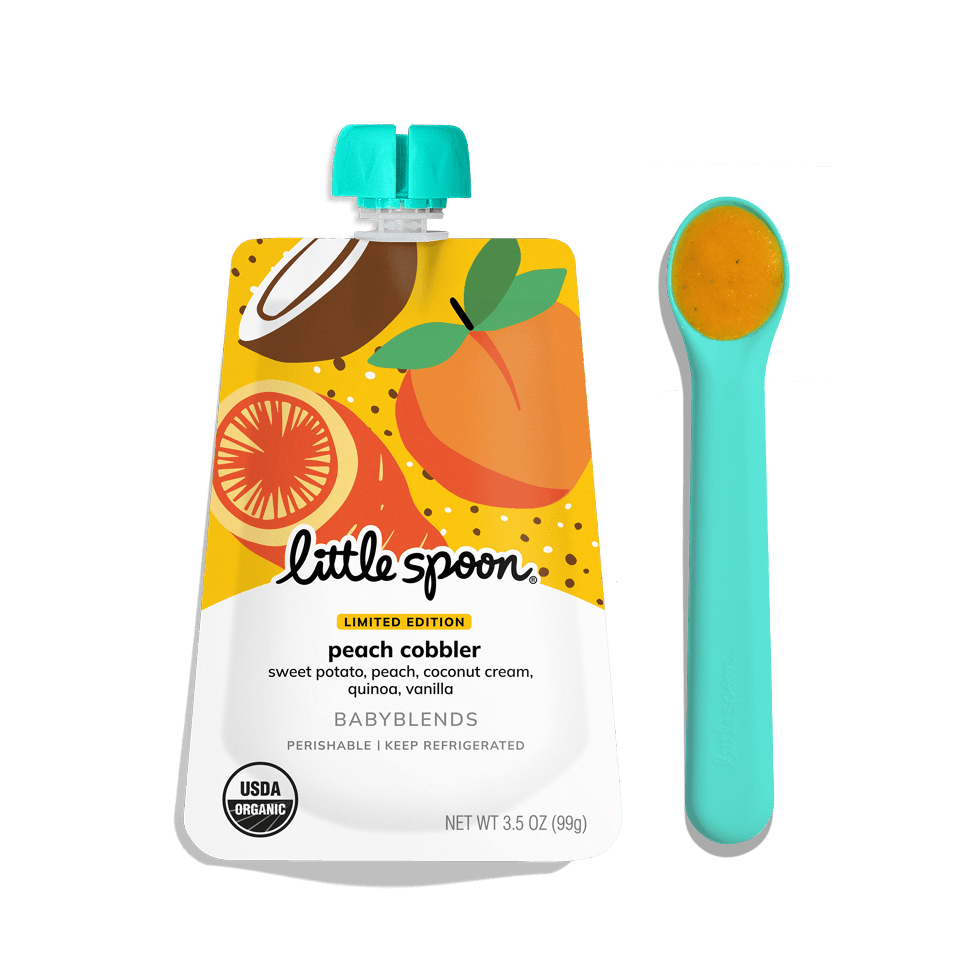 Limited Edition Peach Cobbler Babyblend pouch with spoon