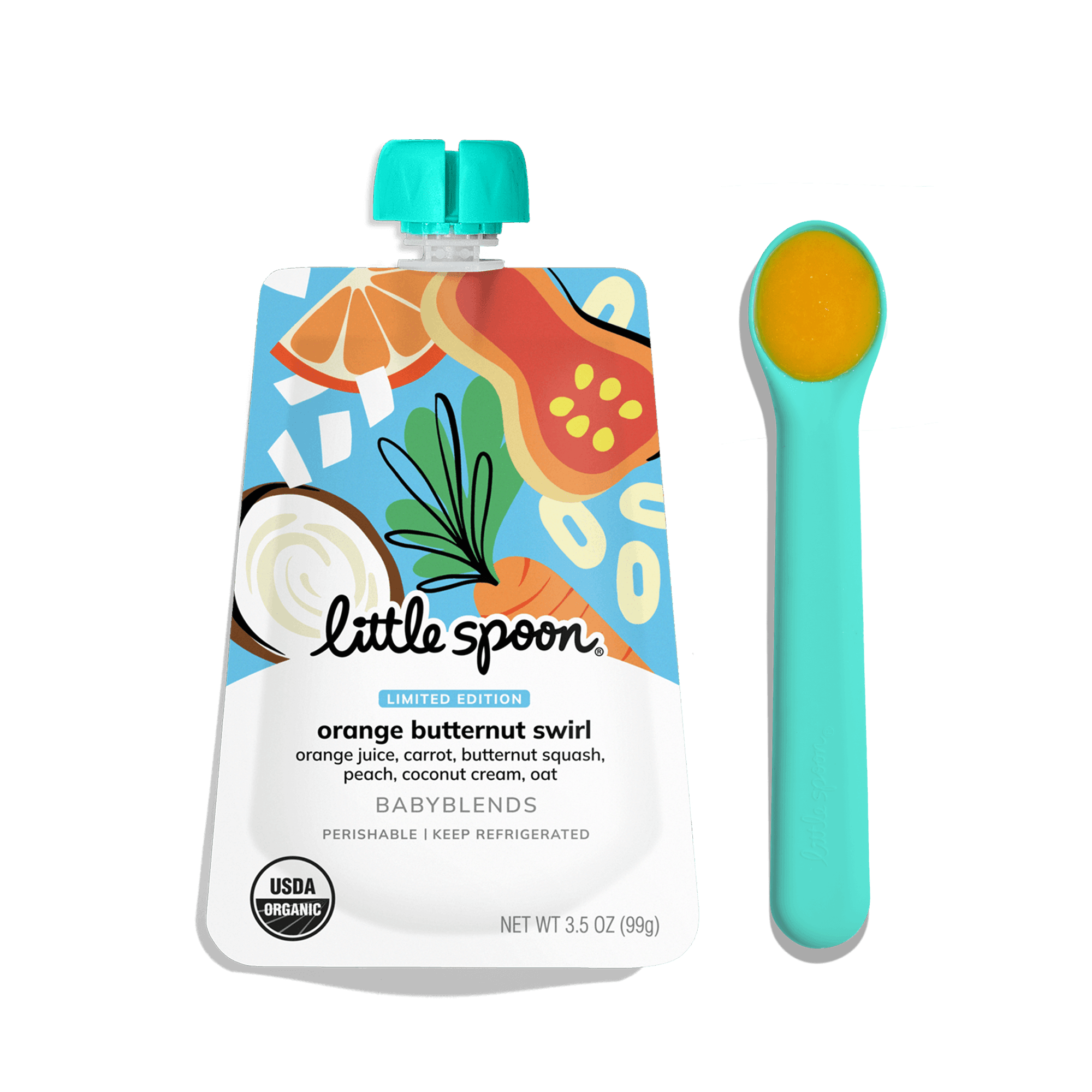 Limited Edition Orange Butternut Swirl Babyblend Pouch next to a spoon with puree