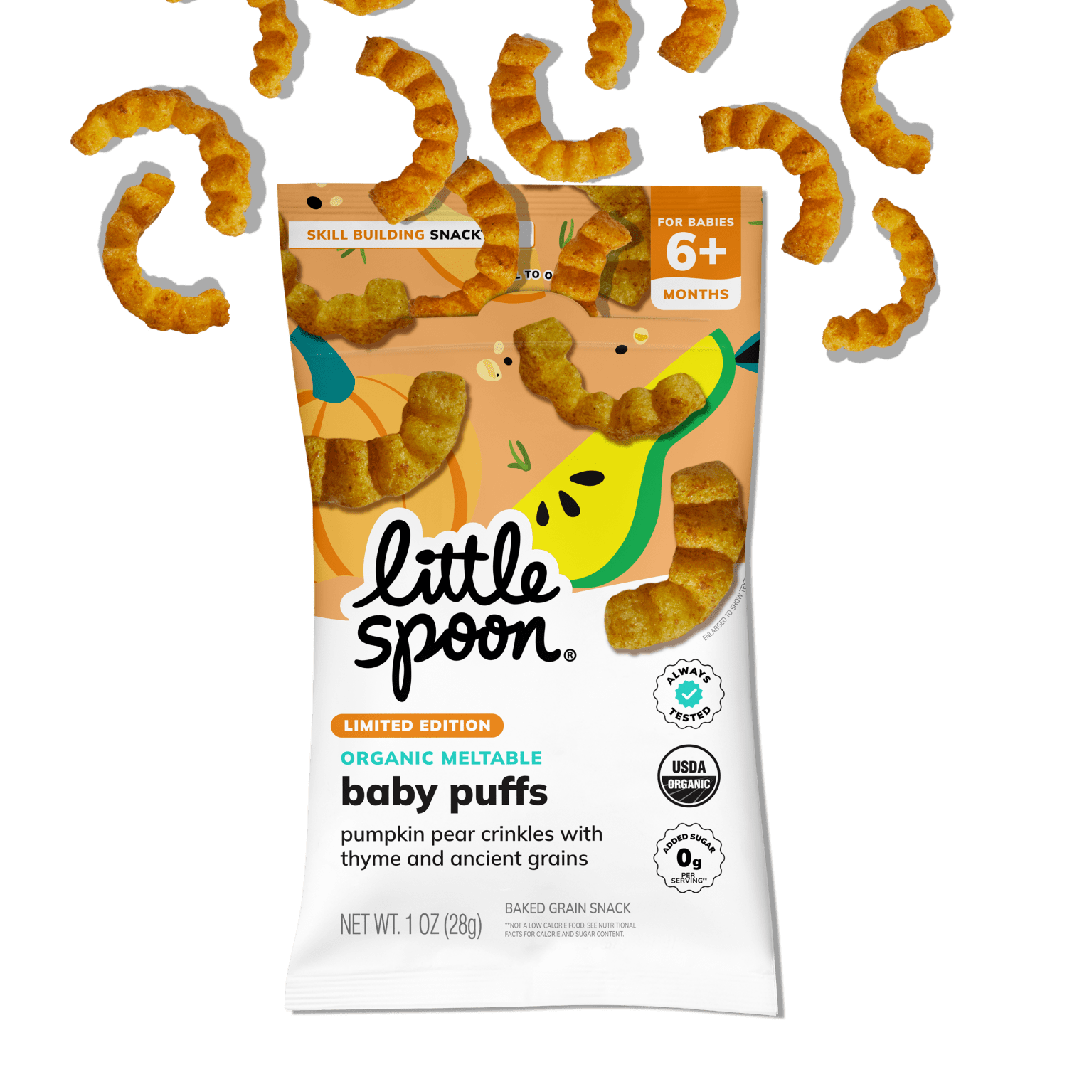 Limited Edition Pumpkin Pear Meltable Baby Crinkles Baby Puff bag with crinkles coming out of the bag