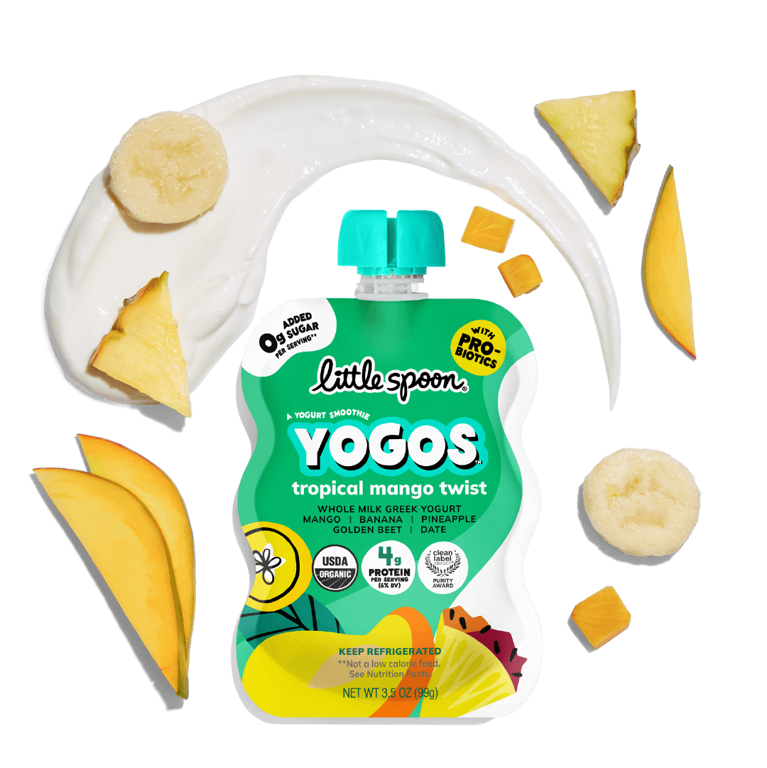 Tropical Mango Twist YoGos pouch with yogurt, banana, pineapple and golden beet