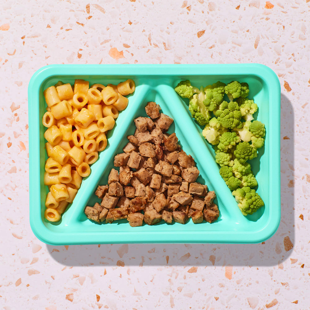 grass-fed beef meatballs with mini mac + cheese + romanesco broccoli florets Biteable