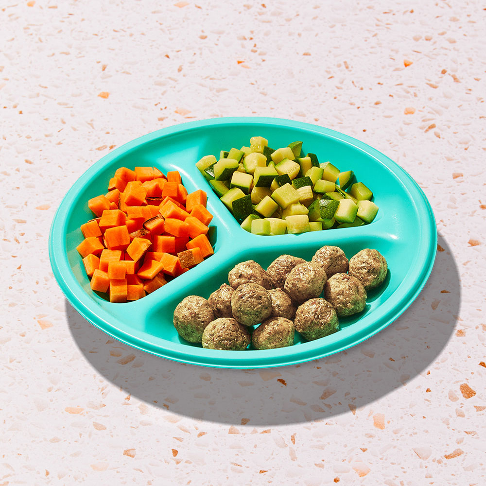 Mini Kale Turkey Meatballs Plate with sweet potato cubes and zucchini