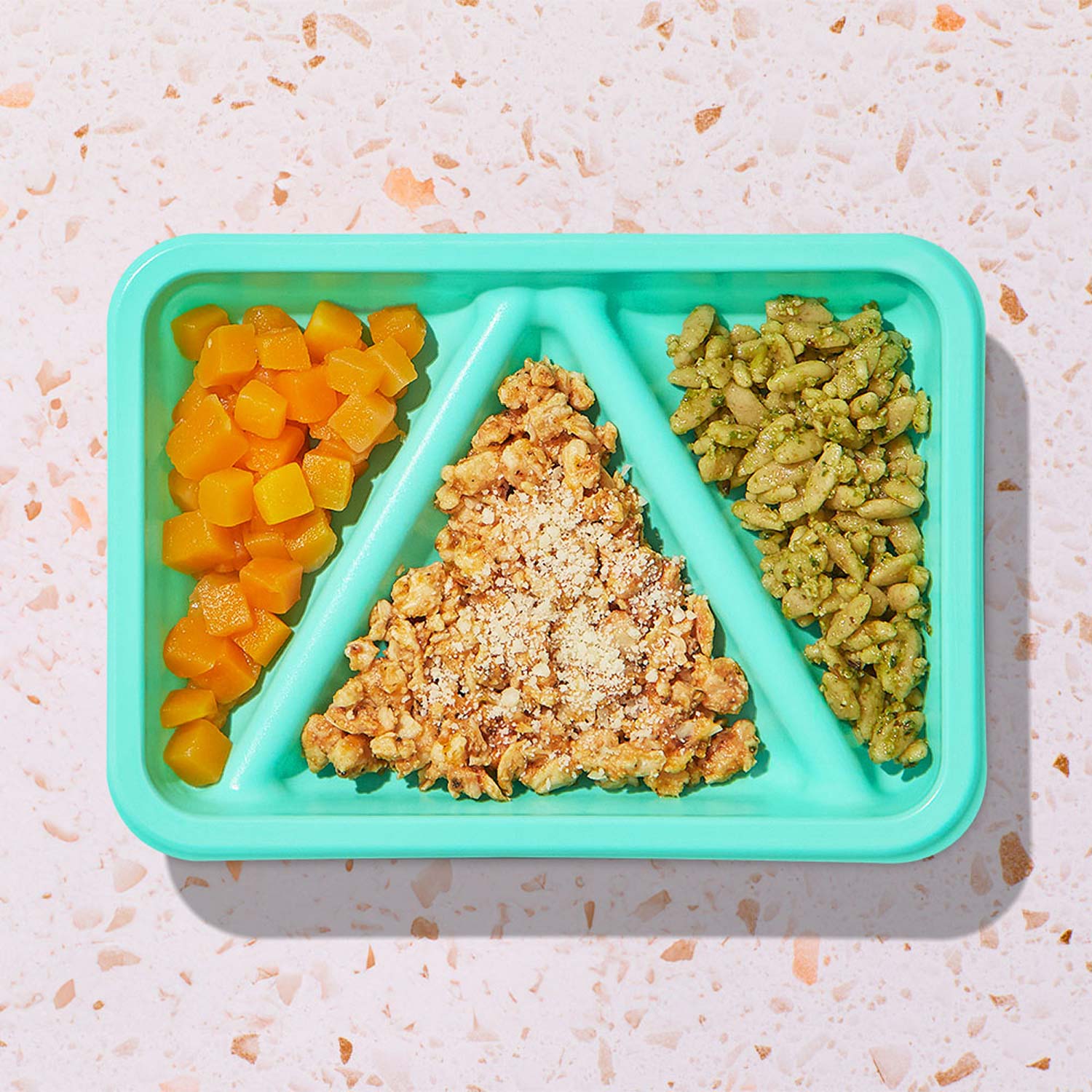 Parmesan Chicken Biteable with white meat chicken with vegetable marinara sauce + pesto orzo + butternut squash