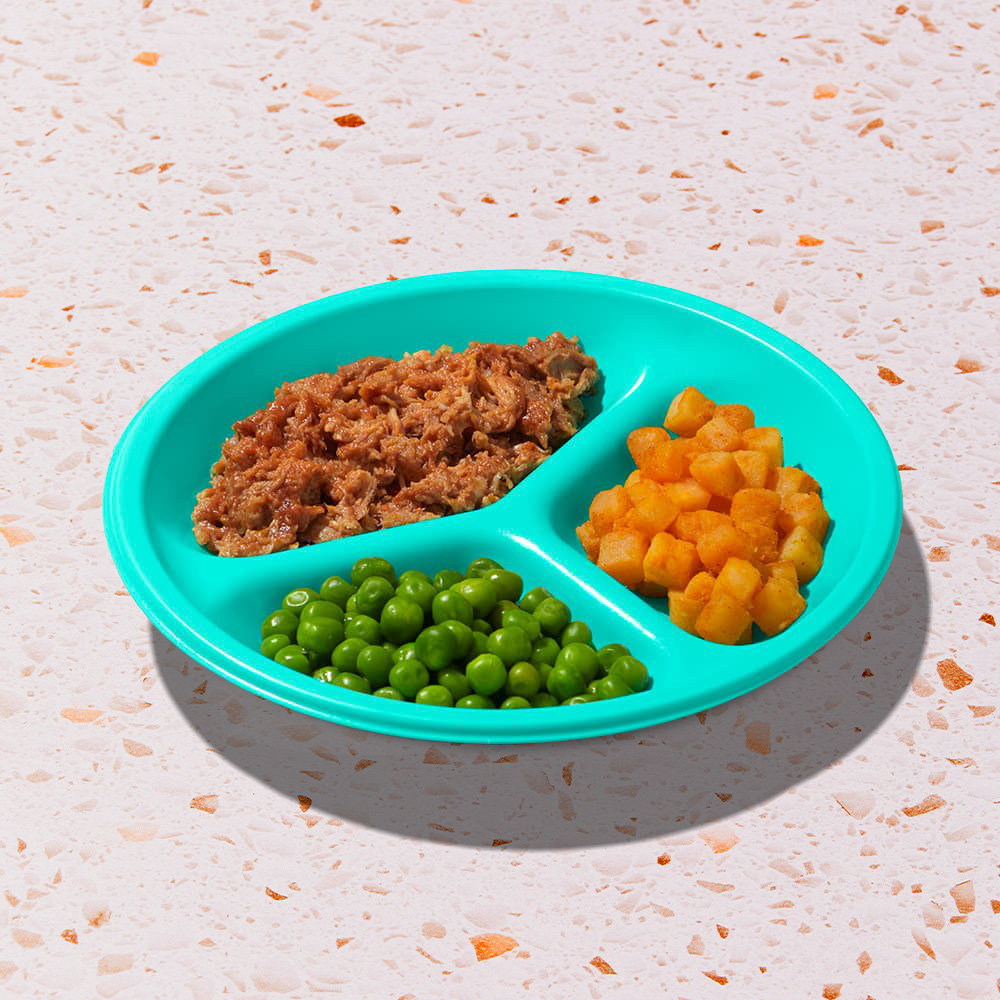 Pulled Pork Plate with a vegetable BBQ Sauce + peas + garlic herb potatoes