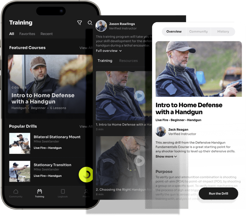 Smartphone displaying the 'Training' section of the LiveFire app, showcasing its personalized program building capabilities. Featured courses include 'Intro to Home Defense with a Handgun' by a verified instructor, with options to view a course overview and related resources. Below, popular drills such as 'Bilateral Stationary Mount' and 'Stationary Transition' are listed with thumbnails of instructors demonstrating the exercises. An expanded course detail card for 'Intro to Home Defense with a Handgun' provides a brief description, instructor information, and a 'Run the Drill' call-to-action button, highlighting the app's interactive content streaming and user engagement functionality.