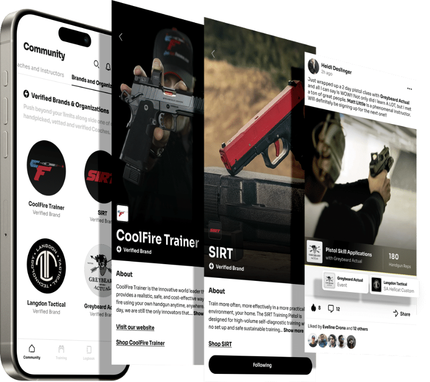 Smartphone displaying the 'Brands & Organizations' section of the LiveFire app with a list of verified brands like CoolFire Trainer and SIRT. In focus are detailed profiles for CoolFire Trainer and SIRT, both marked as verified brands, with descriptions about their products and direct links to shop and follow. Accompanying are images of the products in use: a person aiming a CoolFire training device and a SIRT training pistol with diagnostic features. User reviews and social engagement metrics are displayed below the product details.