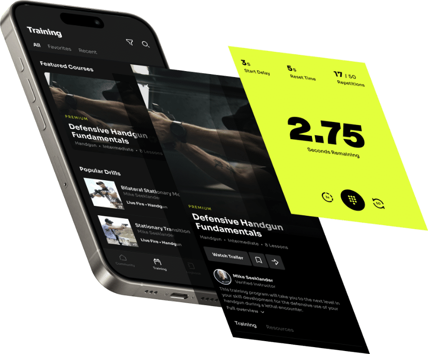 An angled view of a smartphone showcasing the 'Training' tab in the LiveFire app. The screen displays 'Featured Courses' with a highlight on 'Defensive Handgun Fundamentals.' Below are thumbnails for 'Popular Drills' with various training scenarios. A separate overlaid section shows a bright yellow par timer with large numbers indicating '2.75 seconds remaining' and additional settings for 'Start Delay,' 'Reset Time,' and 'Repetitions.' This interface blends course selection with real-time training tools.