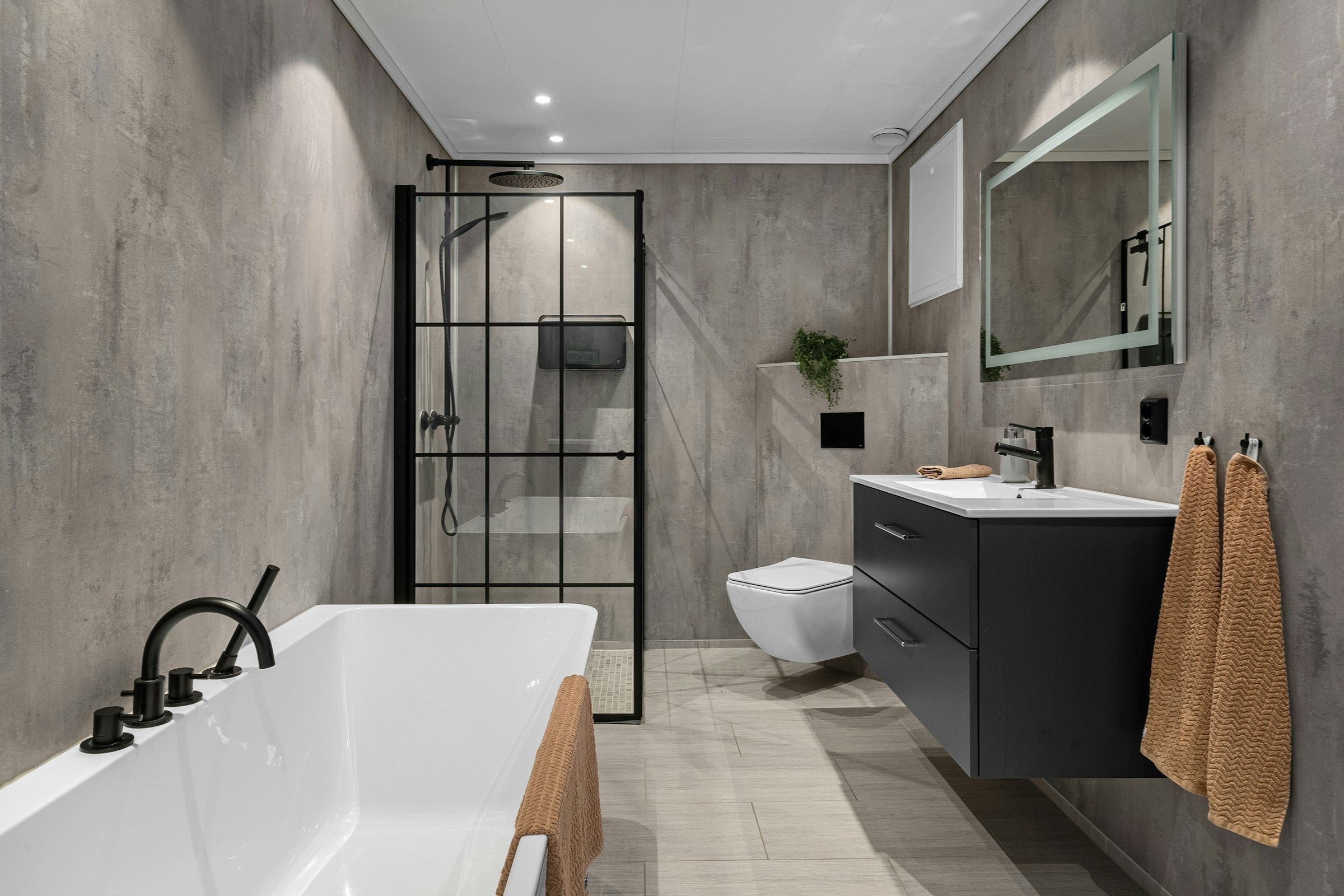 Black Vanity Unit Bathroom with Rustic Grey Pattern Tiles and Glass Shower Enclosure thumbnail 2