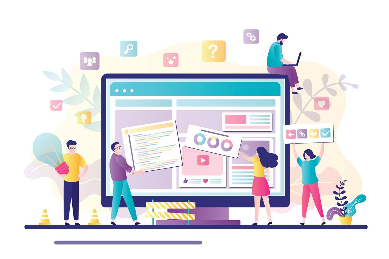 Business team working together on web page design. People building website interface on computer. Web development, teamwork, new internet project. Characters in trendy style. Flat vector illustration Business team working together on web page design. People building website interface on computer. Web development, teamwork, new internet project. Characters in trendy style. Flat vector illustration