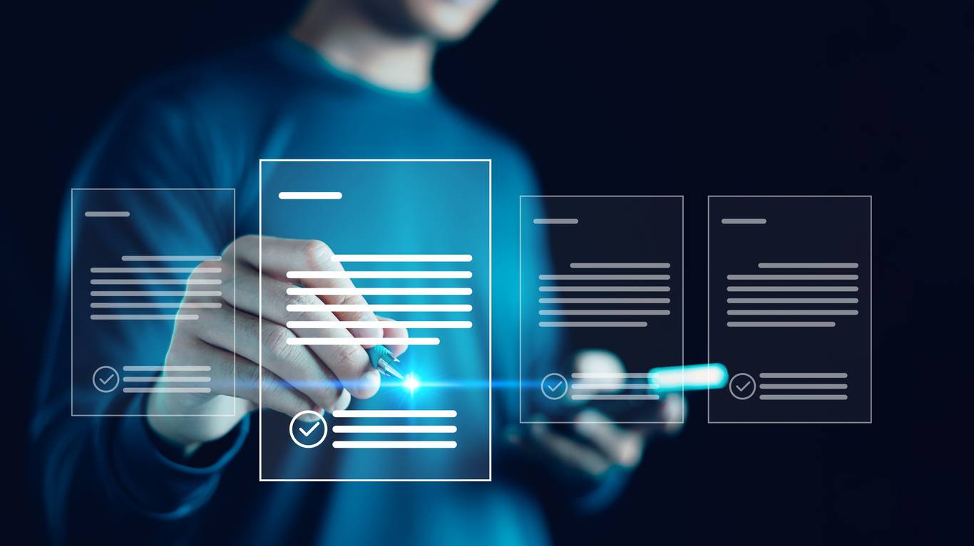 Businessman signing on e-document on digital tablet, Technology, Document management, E-signing, Electronic signature, Paperless office, Online contract signing, Virtual notepad on virtual screen.
