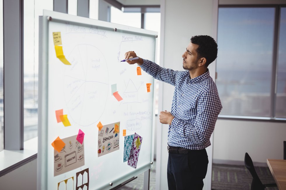 Working in a commercial office building writing on whiteboard