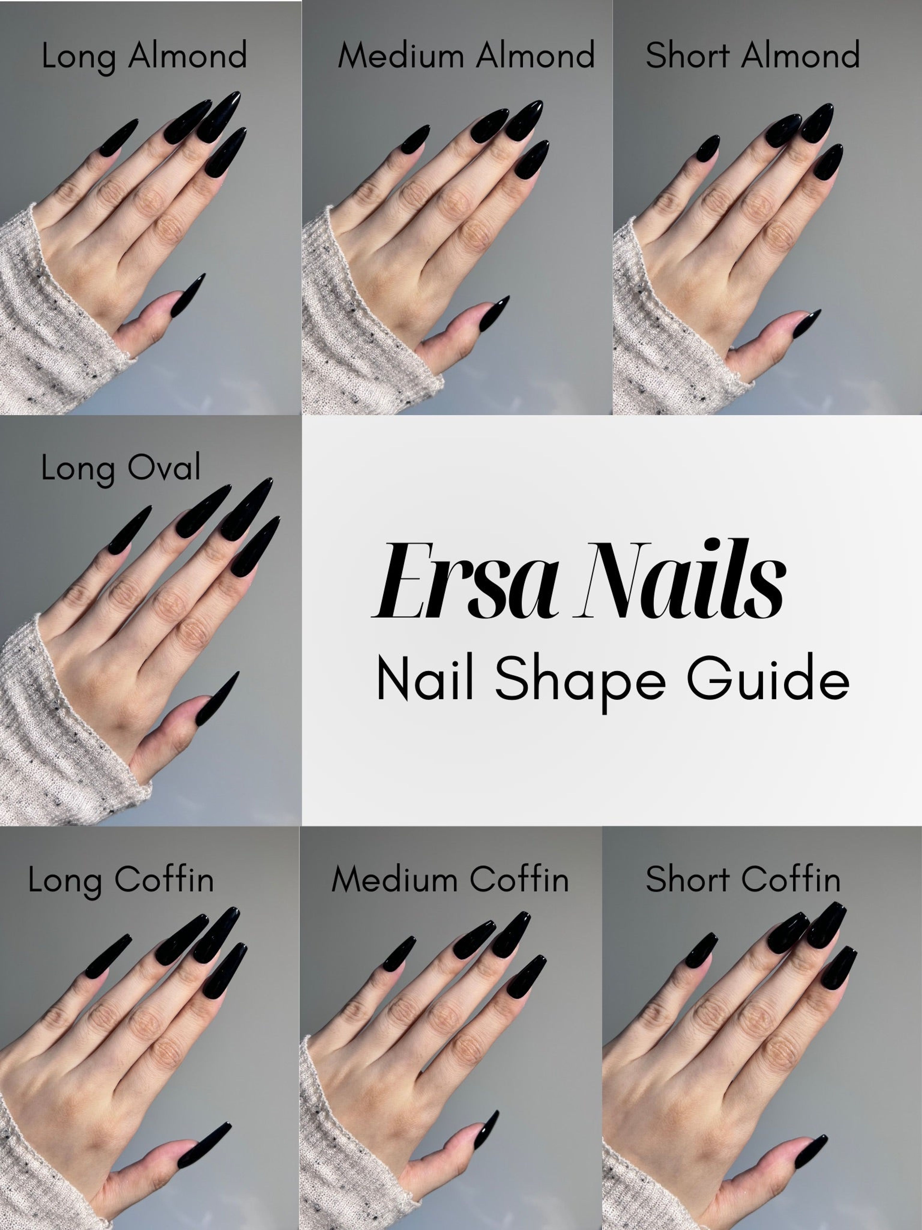 Ersa Nails Nail Shape Guide worn on natural model hands showing Long Almond, Medium Almond, Short Almond, Long Oval, Long Coffin, Medium Coffin, Short Coffin