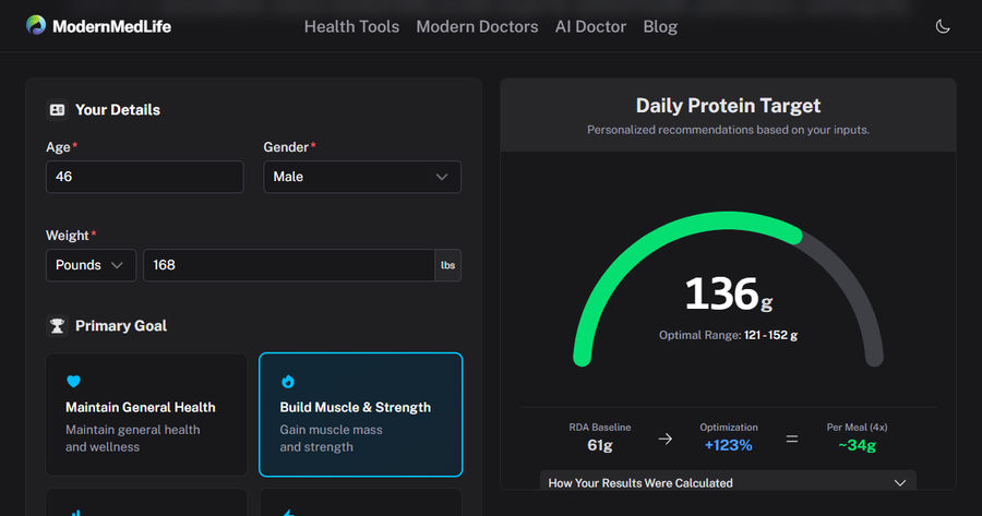 Screenshot of the 2024 Scientific Protein Calculator
