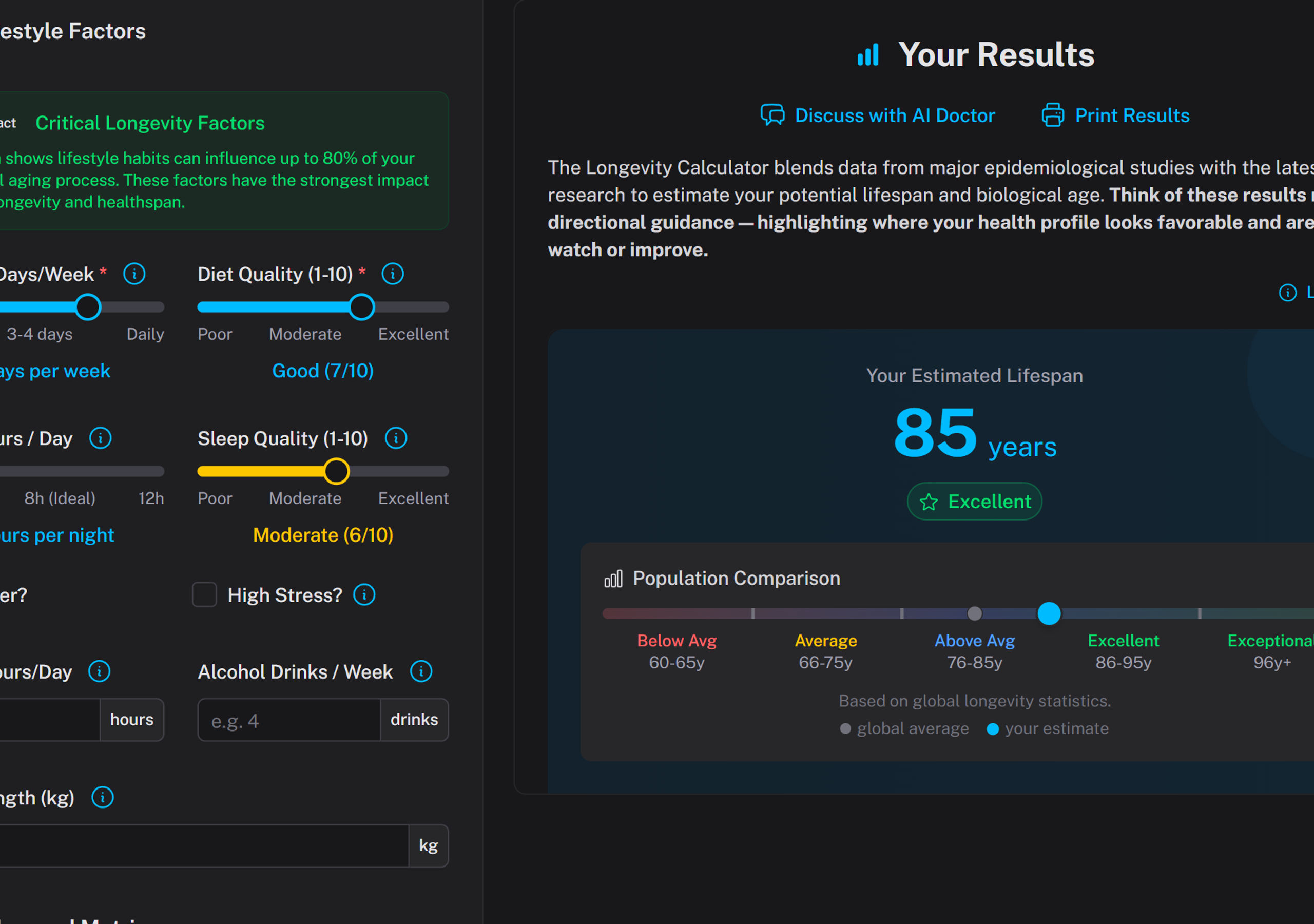 Illustration of a biological age calculator interface showing a comparison of chronological and biological age.