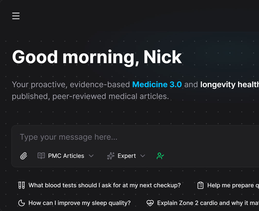 AI Longevity Assistant chat interface showing a personalized health response with PMC citations