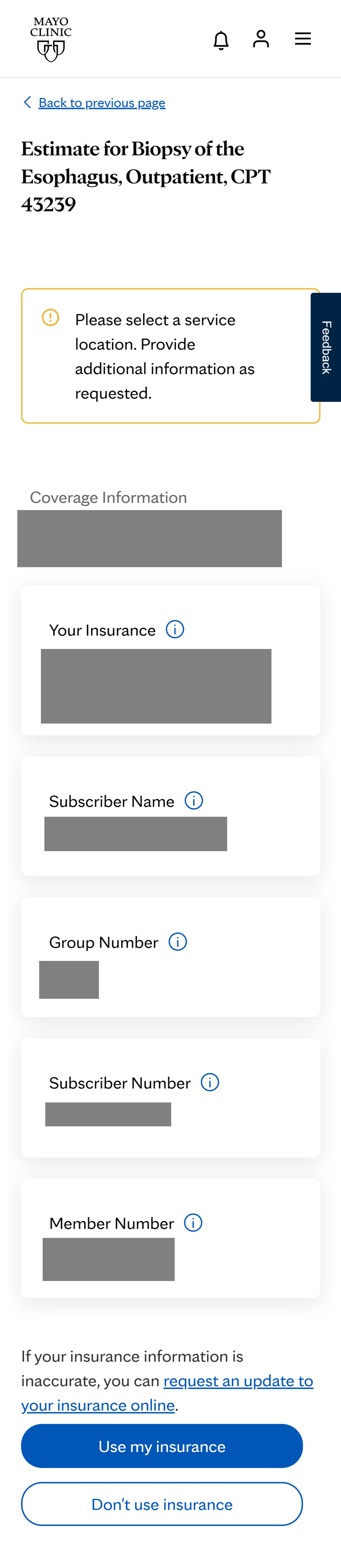 Review insurance information for a procedure at Mayo Clinic using the app