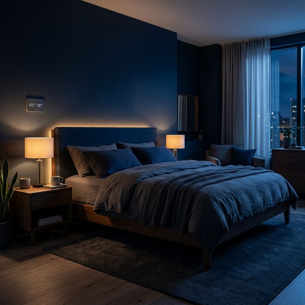 Cozy modern bedroom at night with cool ambient light and a thermostat showing 65 degrees Fahrenheit