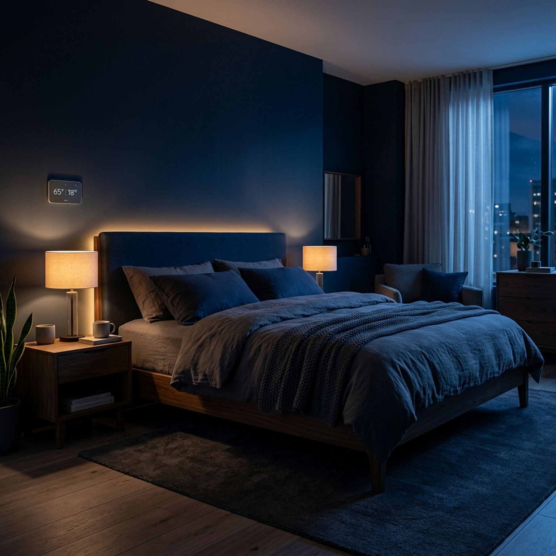 Cozy modern bedroom at night with cool ambient light and a thermostat showing 65 degrees Fahrenheit
