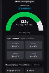 Protein calculator showing 132g daily target for muscle building, with meal splits and food sources like chicken and salmon.