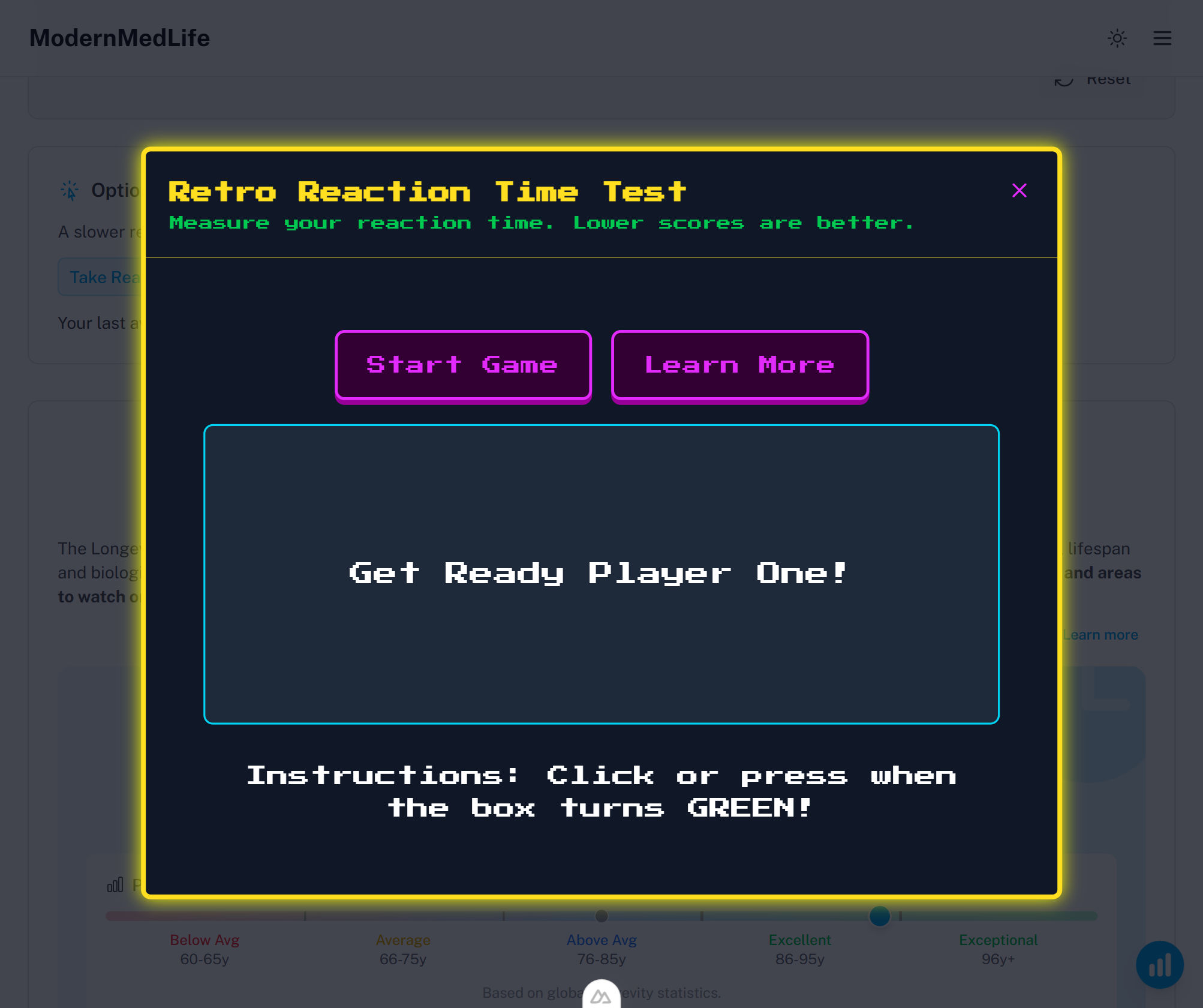 Screenshot of the reaction time test game