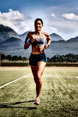 Athletic woman running on an outdoor track, demonstrating peak fitness and VO2 max, with mountains in the background.