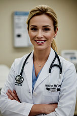Portrait of a friendly female doctor in a white coat with a stethoscope, smiling confidently in a modern medical clinic.