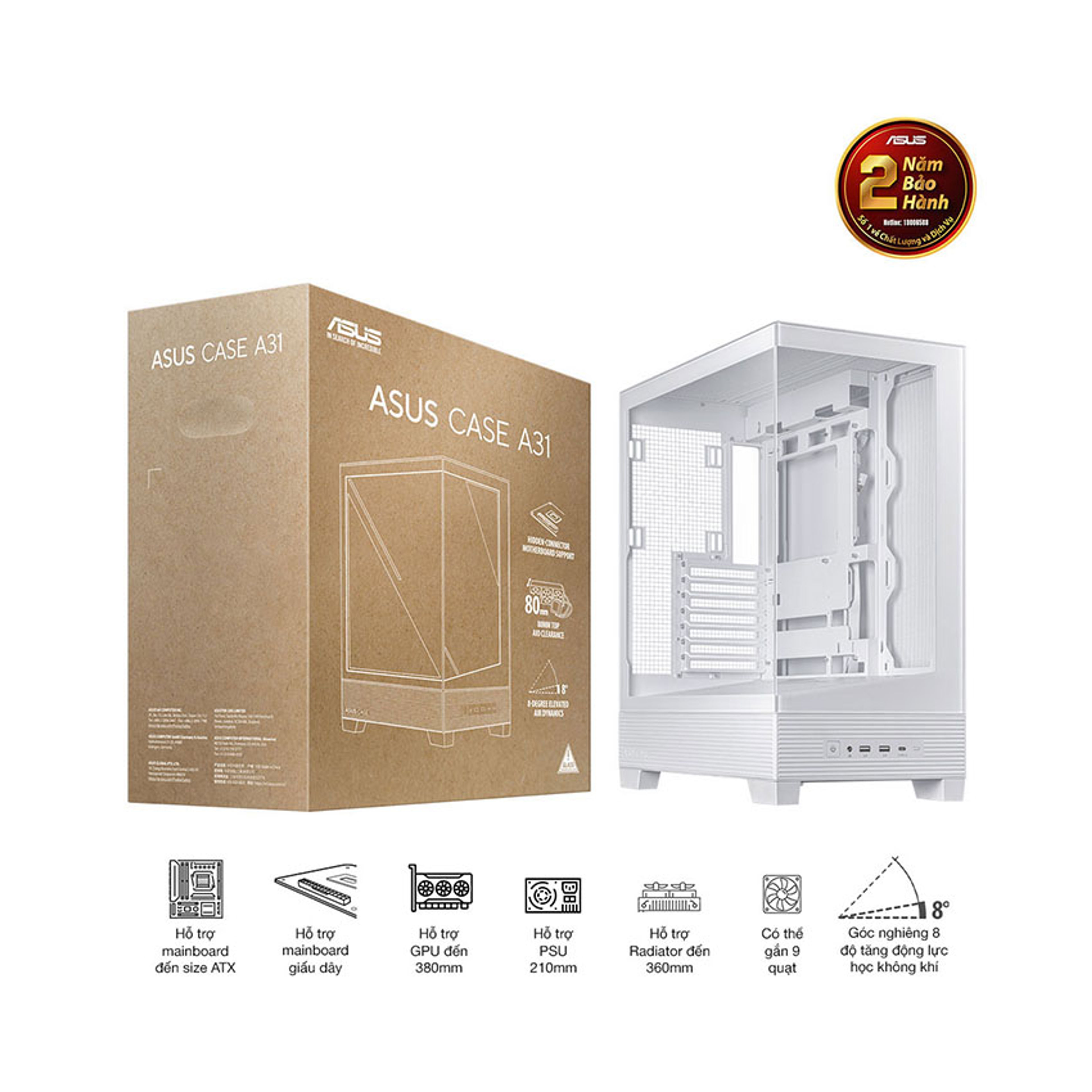Vỏ Case Asus A31 TG WHITE (ATX/Mid tower) chính hãng Máy Tính LMC