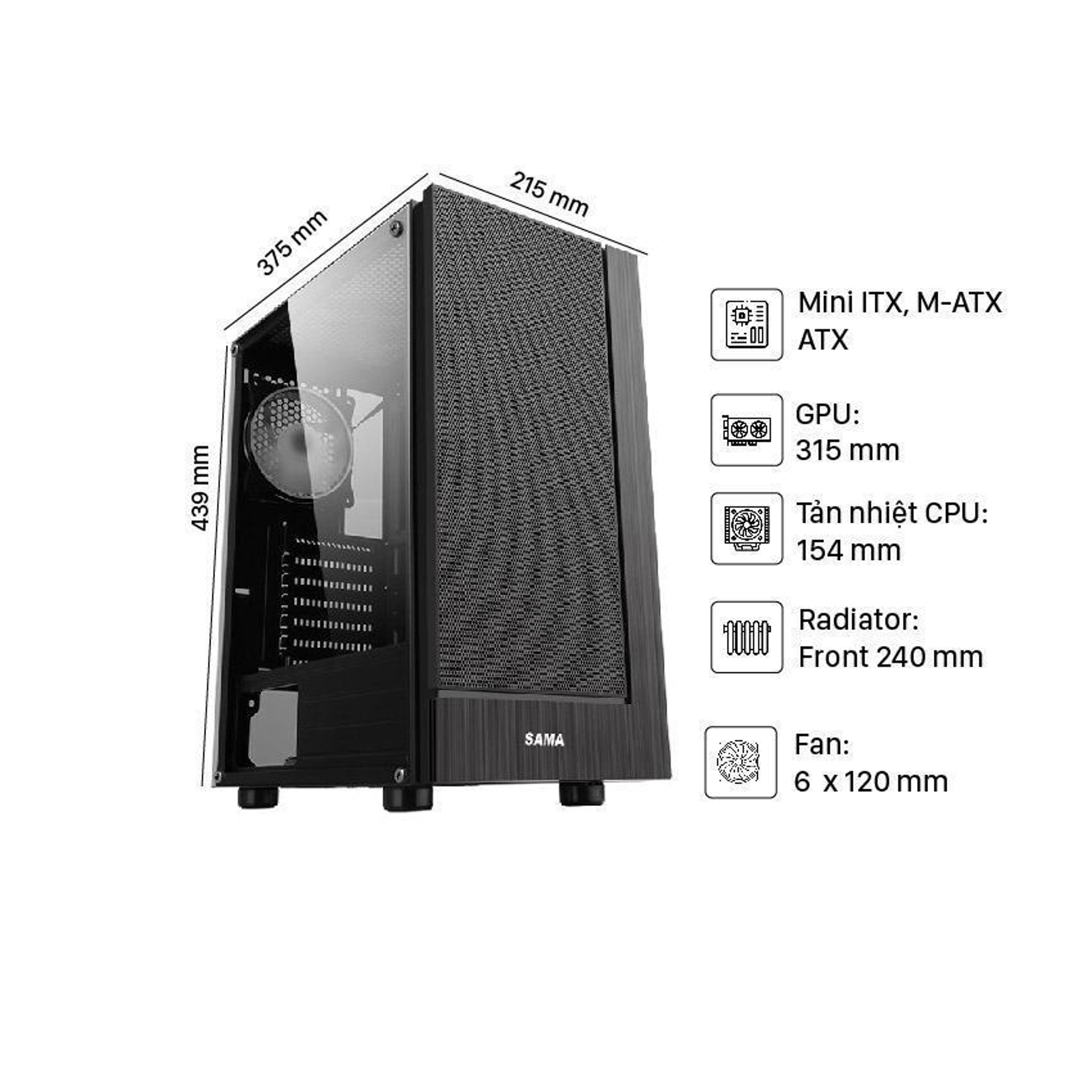 Vỏ Case SAMA 3301 (Mid Tower/Màu Đen/Mặt Lưới/Kèm sẵn 3 Fan) 2
