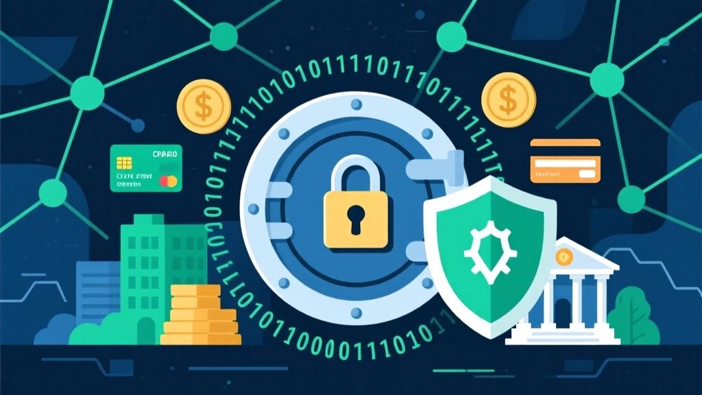 Mano tocando un candado digital como símbolo de protección de datos financieros en línea