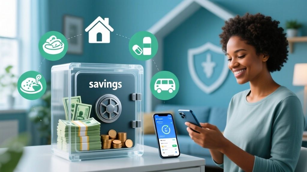 Persona revisando sus finanzas y planificando un fondo de emergencia en una laptop con documentos y calculadora sobre la mesa