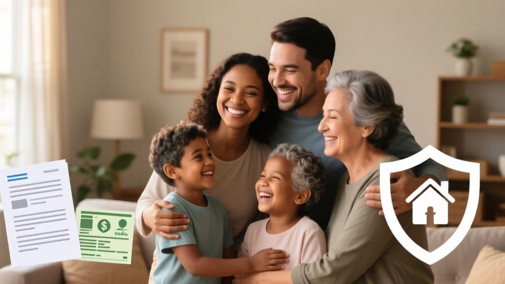 Padre abrazando a su hija pequeña con expresión de protección y cariño, simbolizando seguridad familiar