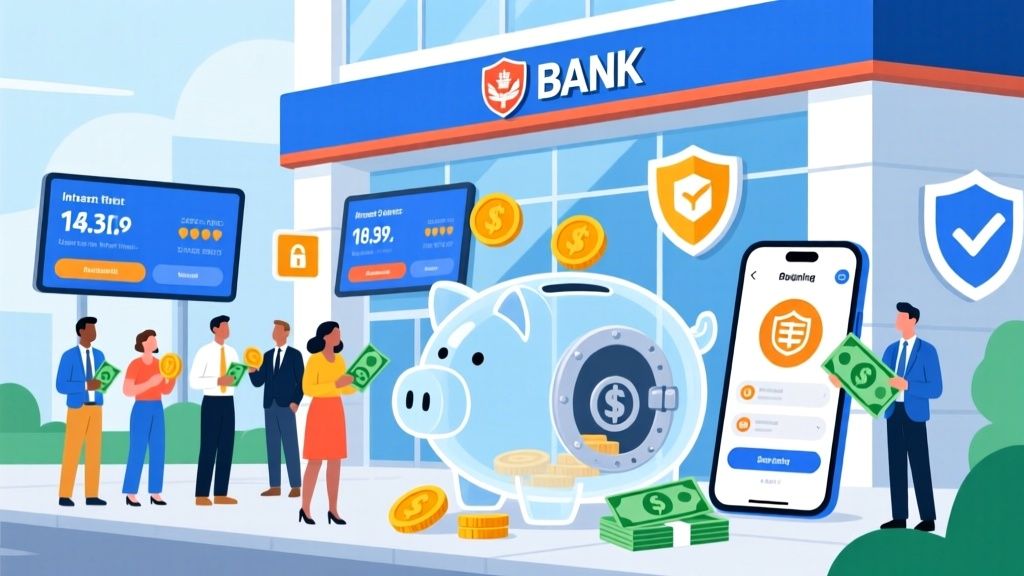 Joven revisando su saldo digitalmente mientras ahorra dinero en una alcancía