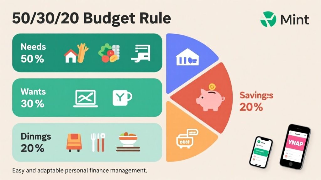 Ilustración del gráfico de distribución del método 50/30/20 en finanzas personales
