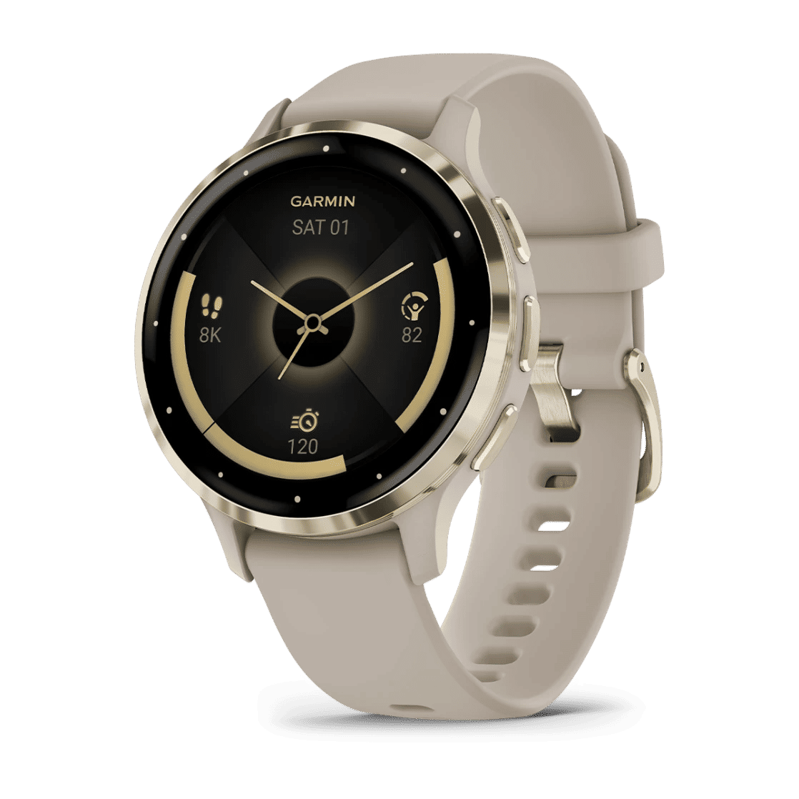 Venu® 3S Soft gold stainless steel bezel with French grey case and silicone band