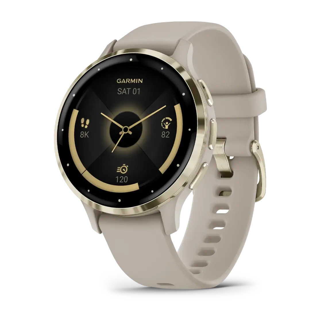 Venu® 3S Soft gold stainless steel bezel with French grey case and silicone band