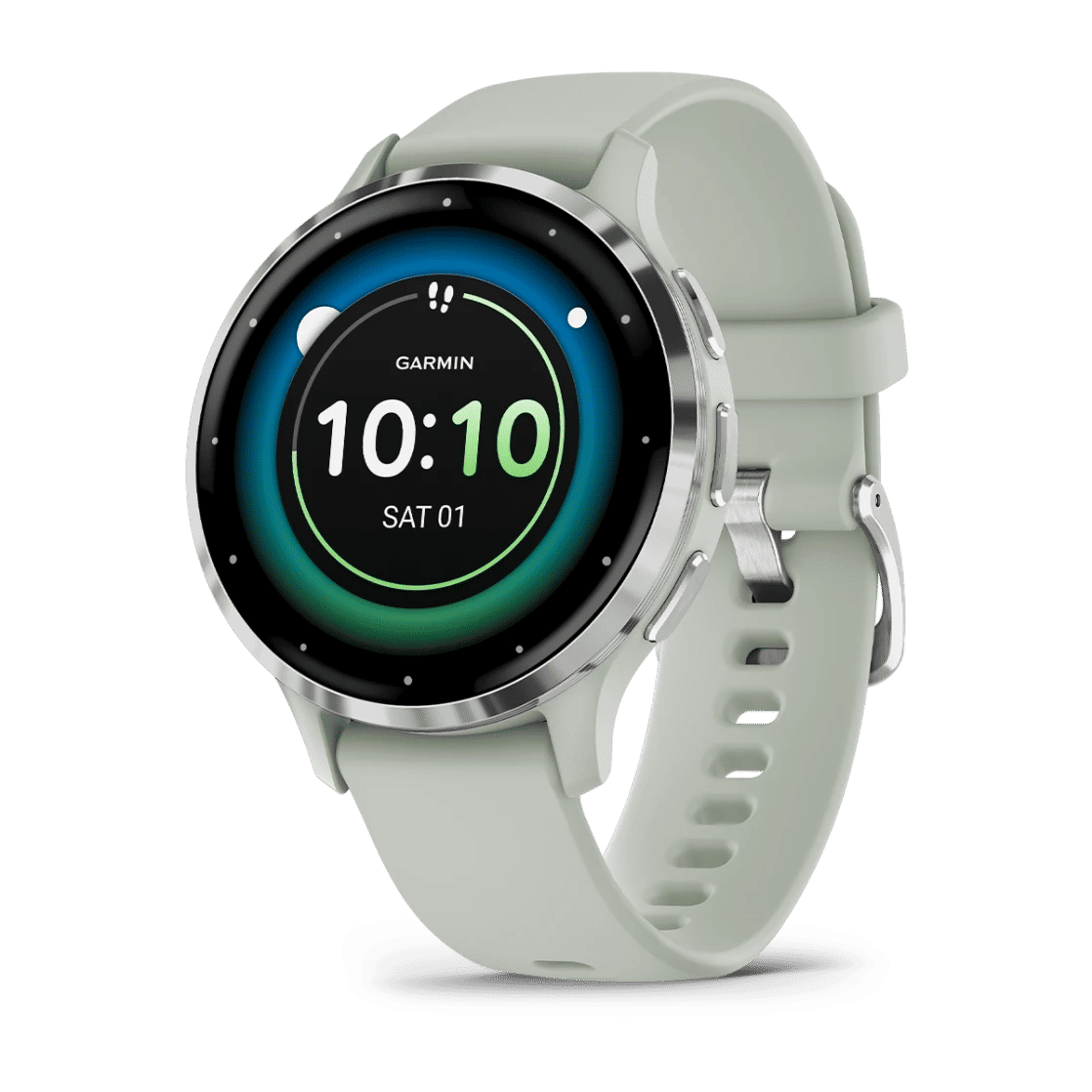 Venu® 3S Silver stainless steel bezel with sage grey case and silicone band