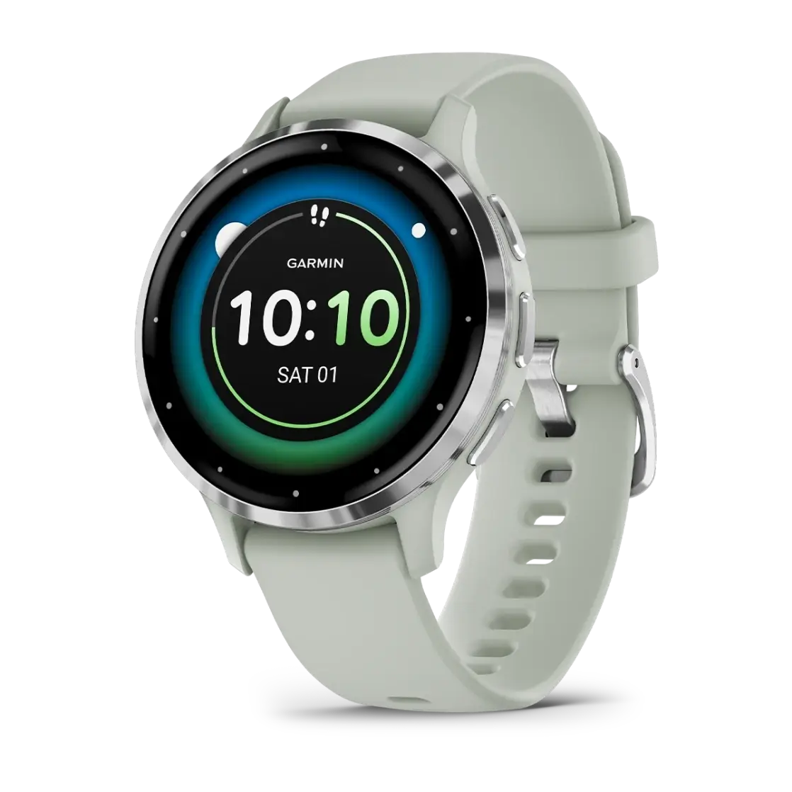 Venu® 3S Silver stainless steel bezel with sage grey case and silicone band
