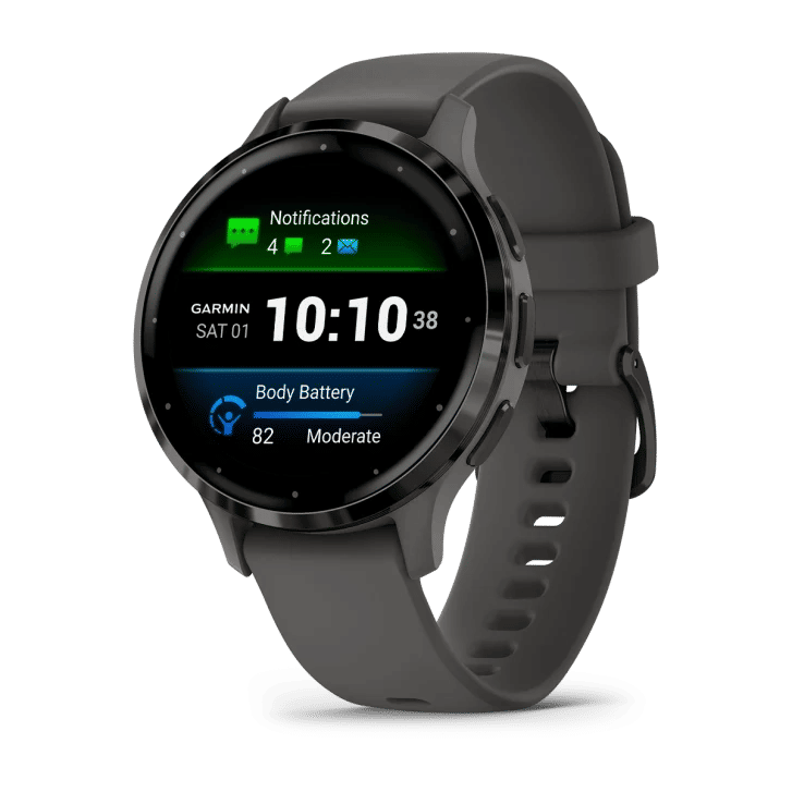 Venu® 3S Slate stainless steel bezel with pebble grey case and silicone band