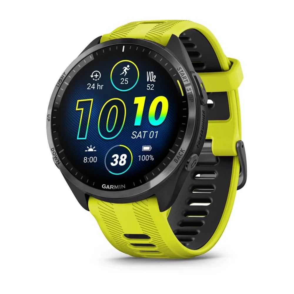 Forerunner® 965 Carbon Grey DLC Titanium Bezel with Black Case and Amp Yellow/Black Silicone Band