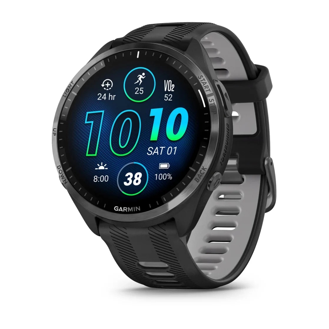 Forerunner® 965 Carbon Grey DLC Titanium Bezel with Black Case and Black/Powder Grey Silicone Band