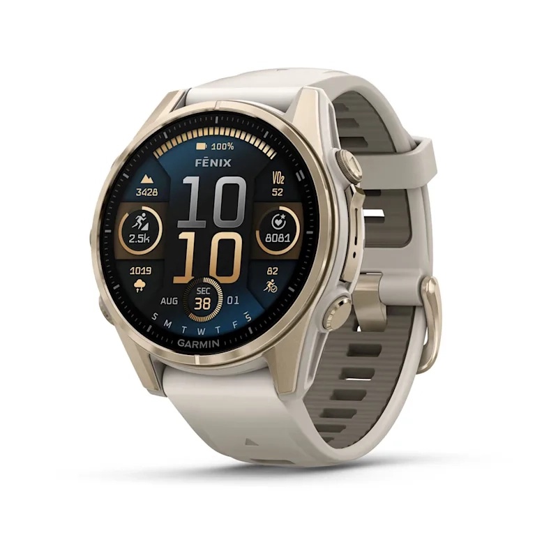 fenix® 8 – 43 mm, AMOLED Sapphire, Soft Gold with Fog grey/dark sandstone silicone band