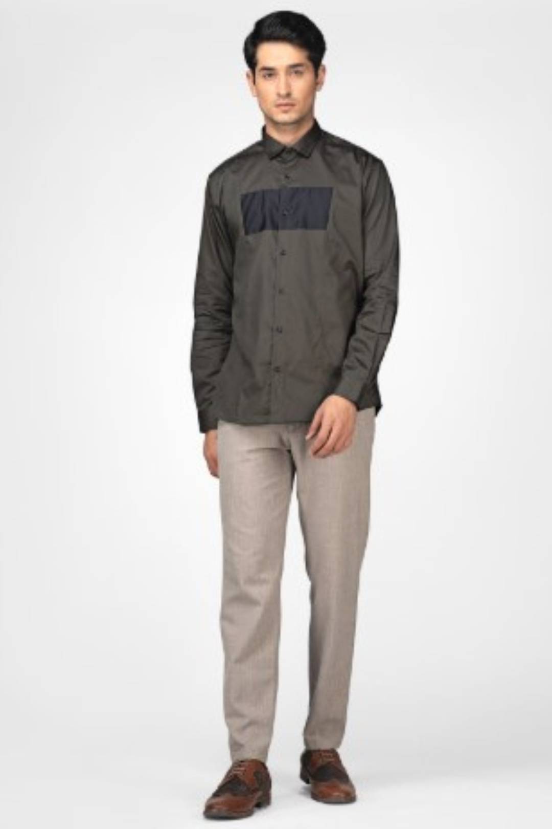 Green Hill Men's Designer Olive Rectangle Panel Shirt