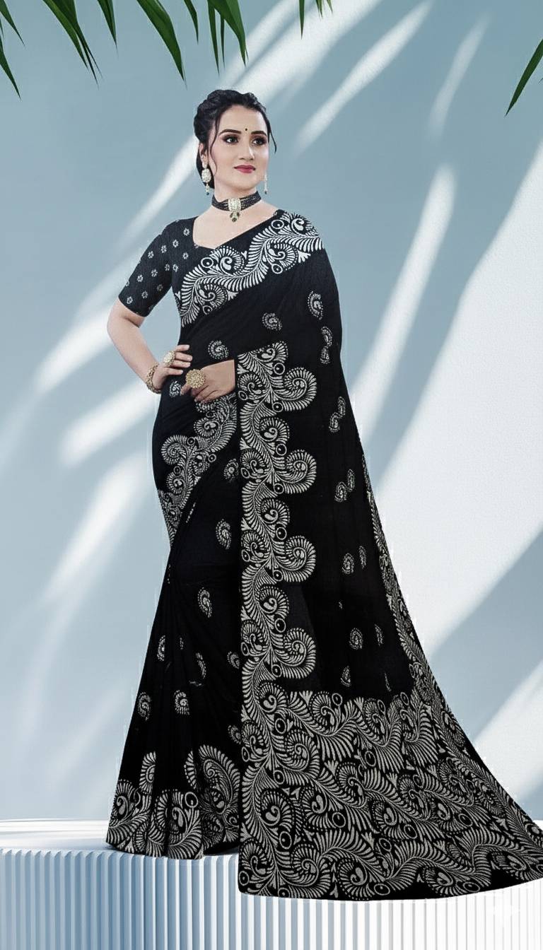 Noir Alpona - Black Raw Silk Saree