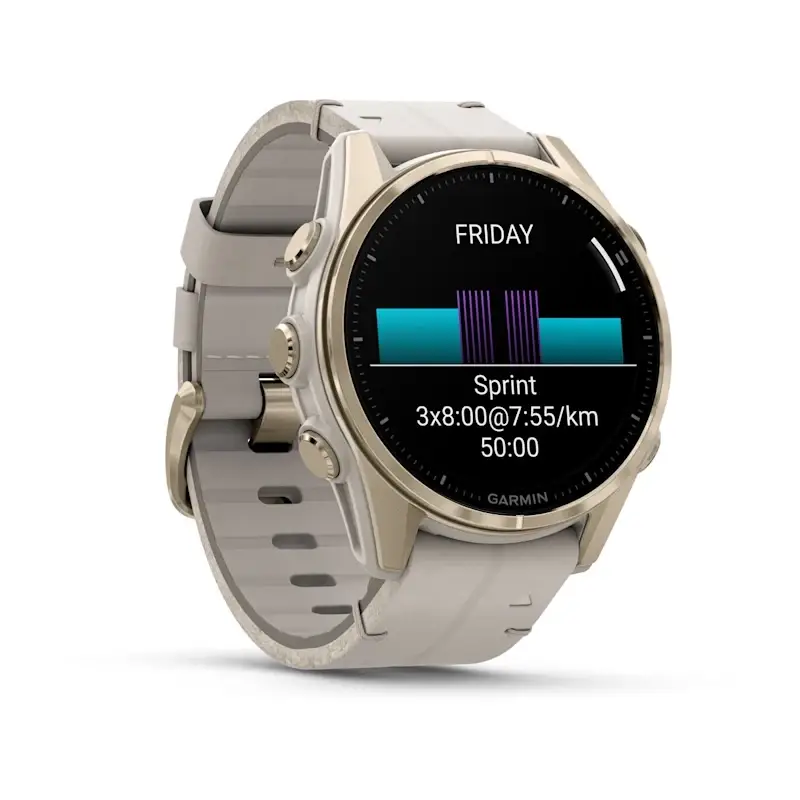 fenix® 8 – 43 mm, AMOLED Sapphire, Soft Gold with Limestone Leather Band