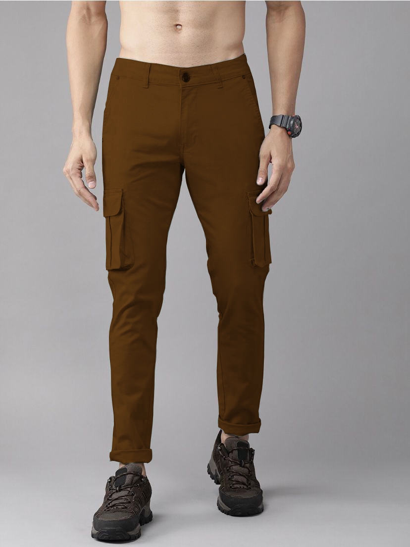 Khaki Cotton Blend Solid Mens Cargo