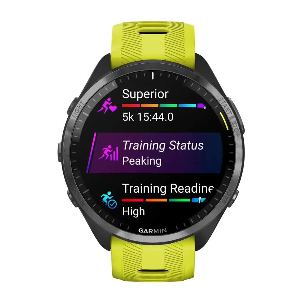 Forerunner® 965 Carbon Grey DLC Titanium Bezel with Black Case and Amp Yellow/Black Silicone Band