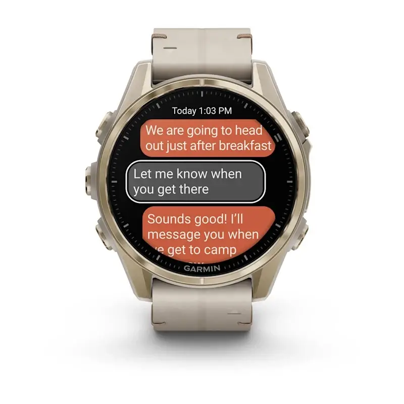 fenix® 8 – 43 mm, AMOLED Sapphire, Soft Gold with Limestone Leather Band